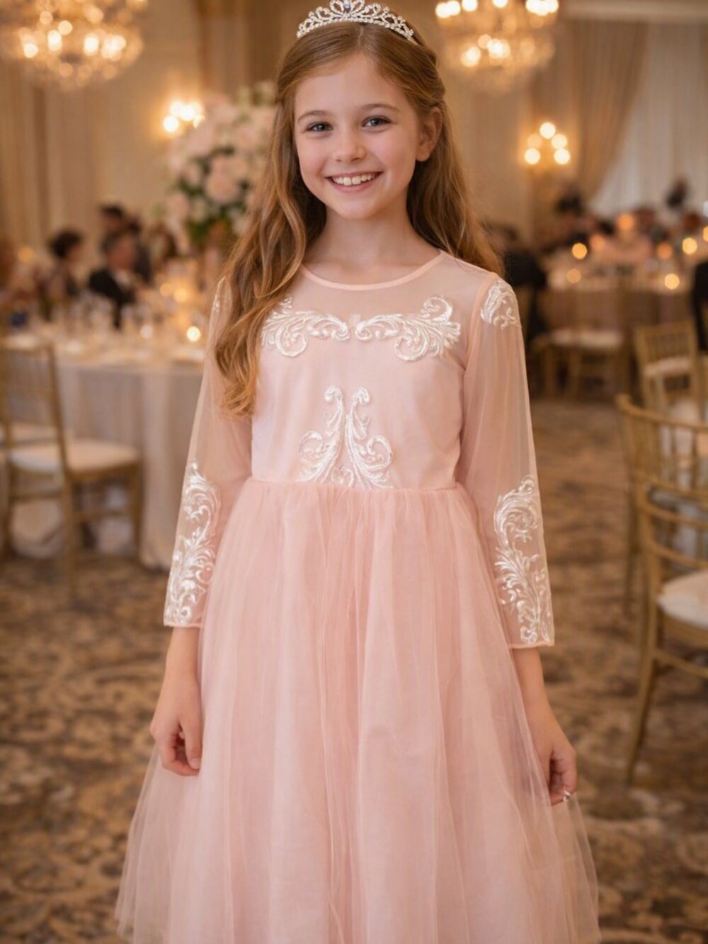 Girls' Pink Tulle Party Dress with Embroidered Bodice